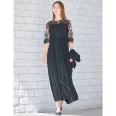 新品 未使用 L ブラック 黒 レースレイヤード プリーツ ミモレ丈 ワンピース