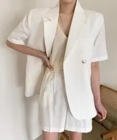 リネン風半袖ショートジャケット＋ショートパンツ セットアップ