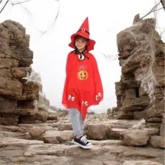 【ハロウィン衣装セット】赤色 魔女マント＆帽子＋カボチャバッグ付き【子ども用】
