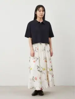 MilaOwen ミラオーウェン 短丈スキッパーポロニット×スカートSET UP