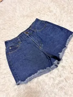 デニムブルー フリンジヘムショートパンツ M