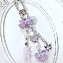 ビーズキーホルダー ビーズストラップ 韓国 コレクトブック y2k リボン 紫