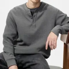 ワッフルヘンリーネックTシャツ長袖 Lサイズ07 グレー