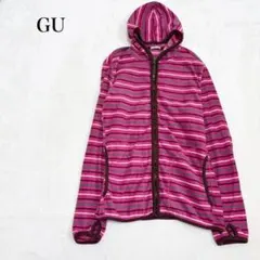 GU 長袖フリースパーカー マルチカラー ボーダー柄 フルジップ フード ラフ