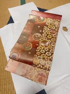 袋帯　振袖　正絹　金糸　花蝶文　桜　サーモンピンク　オレンジ　二重太鼓