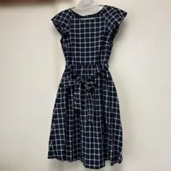 美品アナトリエAnatelierフレンチスリーブネイビー白チェックワンピース38