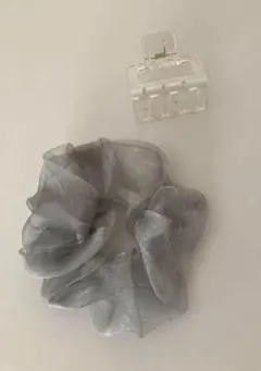 ☆セット割引☆スクエアークリアバレッタ　オーガンジーグレーしゅしゆ（2点セット）