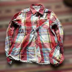 チェック柄 リバーシブル長袖シャツ レッド系