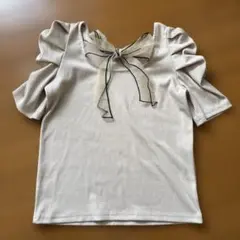 リブ半袖カットソー リボン付き ベージュ