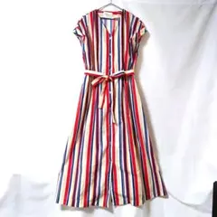 シップスエニィ ストライプロングシャツワンピース F　赤系　フレンチスリーブ