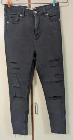 ブラック ダメージ加工 スキニーデニム　ハイウエスト　Lサイズ
