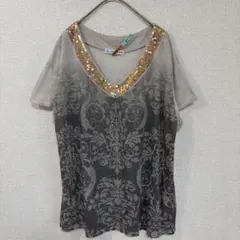 LABORATORY WORK 金ビーズ付　VネックTシャツ グレー 半袖　Ｍのサムネイル