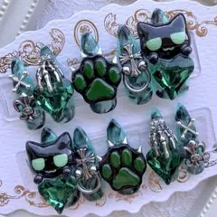 ネイルチップ 量産型 地雷 サブカル 天使界隈 緑 黒 猫 肉球 十字架