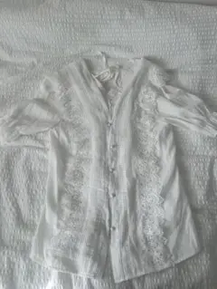 ホワイト レース装飾 五分袖シャツ