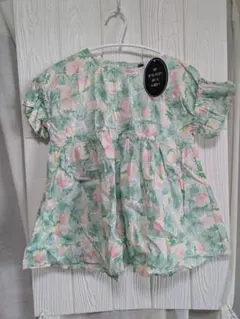 新品タグ付き*★フリル付き袖 半袖シャツ 緑とピンクの花柄