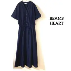 BEAMS HEART Vネックロングワンピース　半袖　フレア　ネイビー　F