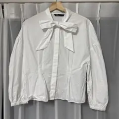 【GWセール】ZARA ホワイトリボン付き長袖シャツ