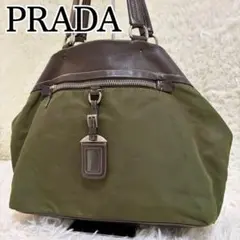 【希少】PRADA カーキ ナイロン レザー トートバッグ ロゴ刻印 白タグのサムネイル