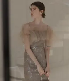 【LEJA】 チュールフリルボレロペイントマーメイドドレスワンピース