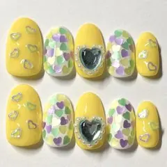 No57.ネイルチップ 黄色イエローカラフル個性派サブカルハート埋めつくし