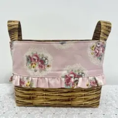 ハンドメイド　布バスケット　フリル付き　レトロ花柄