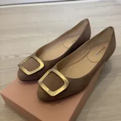 ファビオルスコーニ　ブラウン スクエアバックル フラットシューズ