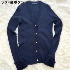 タラ　ジャーモン　ネイビー カーディガン M ラメ金ボタン　メローフレア袖
