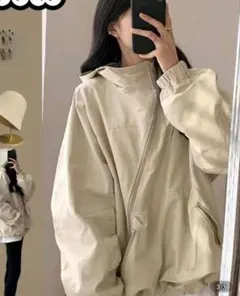 新品★斜めジップ フード付き マウンテンパーカー風ブルゾン M ベージュ