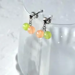 No1133天然石オレンジカルセドニー&グリーンジェード二粒スタッドピアス