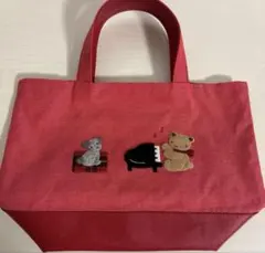 美品　ファミリア　マチ付　ミニ　デニムバッグ　手刺繍　赤　クマ　ピアノ