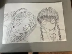 手描きイラスト 女の子 2人組 線画