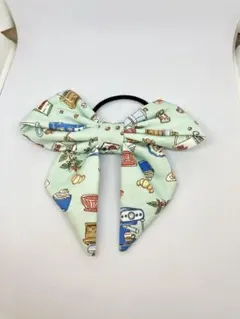 ポニーテールに超おすすめ！大きめリボンヘアゴム　カフェ柄　コーヒー　ミント色