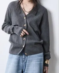 【新品】4L 綿100%ワイドリブVネックカーディガン