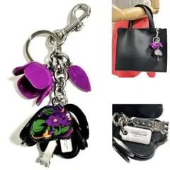 美品 コーチ COACH キーリング バッグチャーム 紫色 花モチーフ