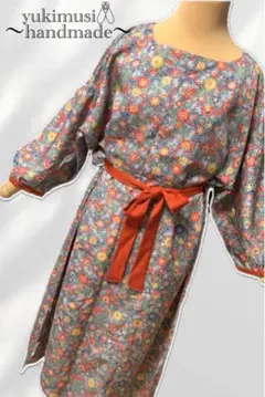 HH0706 小紋 花柄 袖付き ワンピース 赤 グレー 黄 ハンドメイド