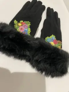 シンクビー！デコラファー手袋 タッチパネル対応】刺繍 ブラック カシミア混ウール