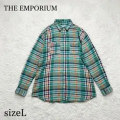 【THE EMPORIUM】チェック柄 長袖シャツ グリーン系 L コットン 緑のサムネイル