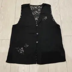 婦人服　ミセス　シニア　リバーシブル　ノースリーブ　ベスト　刺繍　花柄　ブラック
