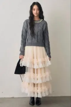 【人気】配色フリルティアードスカート アイボリー｜Frene系 春ロング