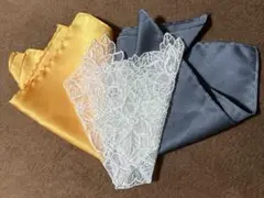 【新品】ポケットチーフ　3枚セット　ホワイトレース グレーとイエローのシルク