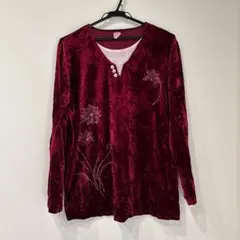ベロア チュニック ロンT ボルドー 花柄 刺繍 レトロ 古着 y2k 【L】