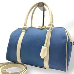 美品 サマンサタバサ ハンドバッグ 2way キャンバス レザー ブルー系 鍵