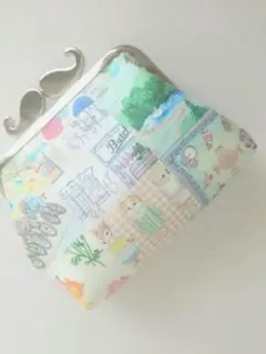 ハンドメイドがま口ミニポーチ♧アニバーサリーパッチワーク♧ブルー