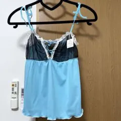 日本製新品タグ付き　レースベビードール　水色と黒のキャミソール Mサイズ