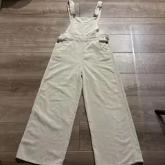 クリーム色 コーデュロイ ワイドレッグオーバーオール