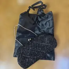 【パーティーバッグ】ビーズ装飾 ブラック クラッチバッグ、サブバッグセット