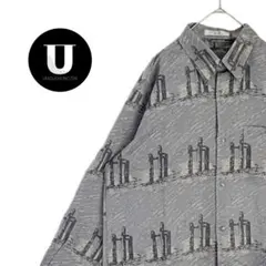 ＼トップス／ レトロチック 総柄 モノトーン デザインシャツ グレー 長袖 古着