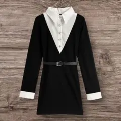 ベルト付きシャツレイヤード風タイトミニワンピース