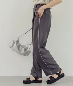 GLOBAL WORKウツクシルエットラインワイドパンツ＊グレー/ホワイトL新品