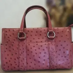 高級品 オーストリッチ 本革 赤ピンクハンドバッグ